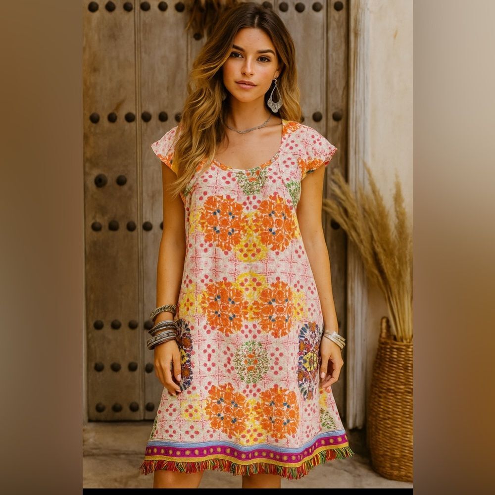 Ruby Yaya Kaftan Dress Womens Small Colorful Abstract Art Sequin Mom Beach